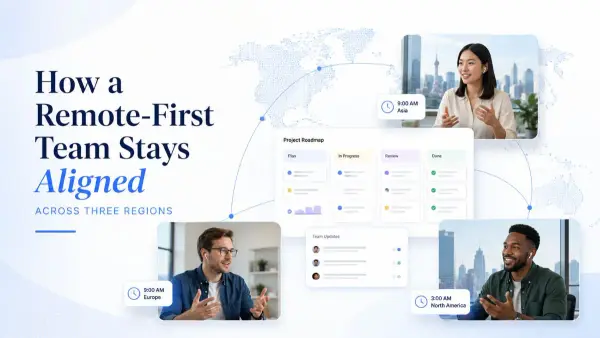 Team members on video calls across different regions, connected by a shared project roadmap