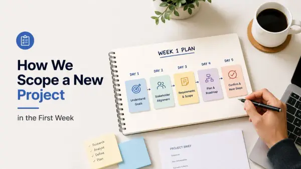 Notebook outlining a five-day project scoping plan, with sticky notes and a project brief