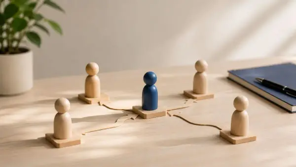 Wooden peg figures connected by pathways on a desk, representing team structure and workflow dependencies in a support operation